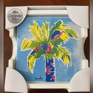 4 New ceramic palm tree coasters with wooden holder